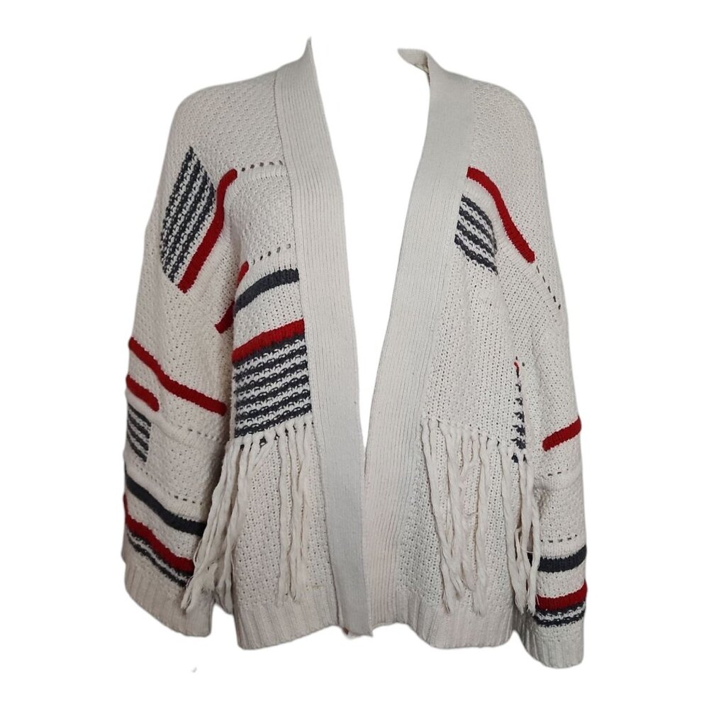 ee:some Cardigan Sweater Womens Size M/L‎ Red White Blue Fringe USA Boho Patriot
